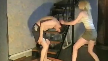 Clothed russian blonde ballbusting in pointy shoes later barefoot