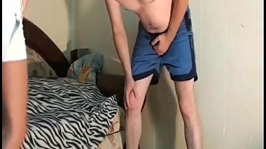 Russian brunette in white strips and rubs her pussy to ballbusting