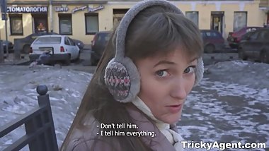 Skinny Russian teen tries first anal sex with tricky agent