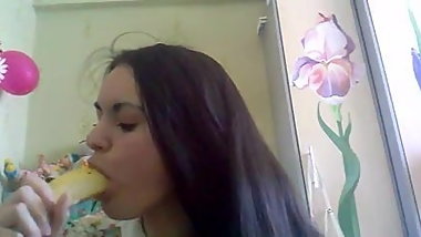 Young Russian girl suck practice with banana