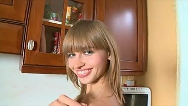 Teen daughter Aina rides a huge dildo